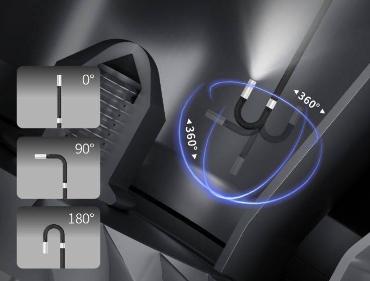 VSNDT borescope probe demonstrating 360° motorized articulation in complex cavity inspection